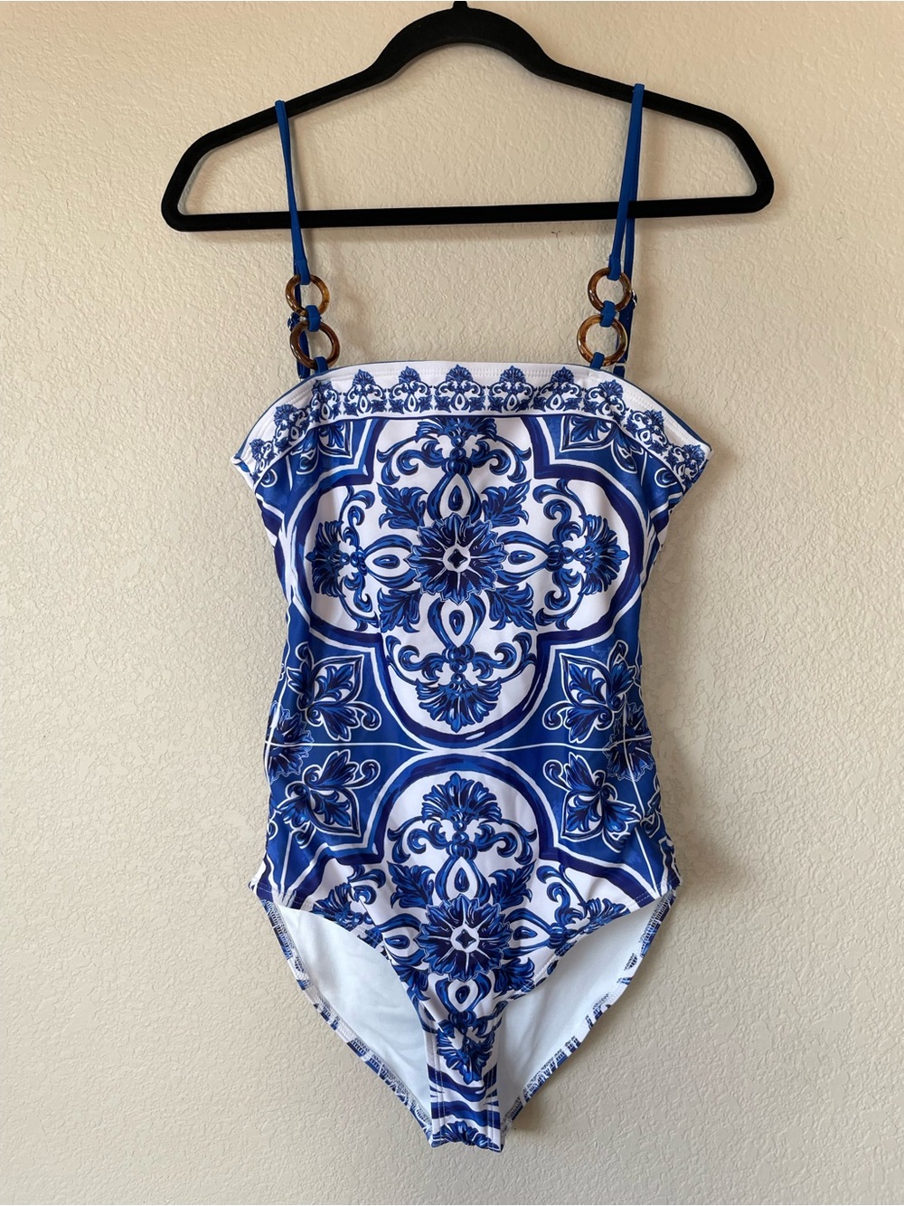 Flaxmaker Blue White Tile Print Tie Back One Piece Swimsuit M